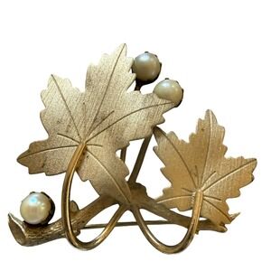 Vintage Sarah Coventry Gold Tone Maple Leaf Faux Pearl Brooch Pin Autumn Nature